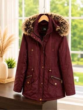 YMI Burgundy Utility Parka with Faux Fur Trim Hood